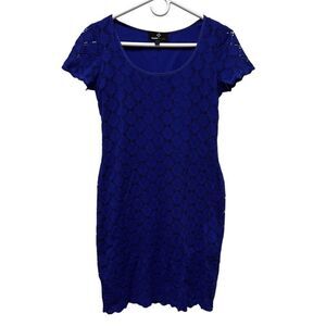 CDQ Womens Ronni Nicole Size Small Blue Lace Overlay Sheath Dress Short‎ Sleeve